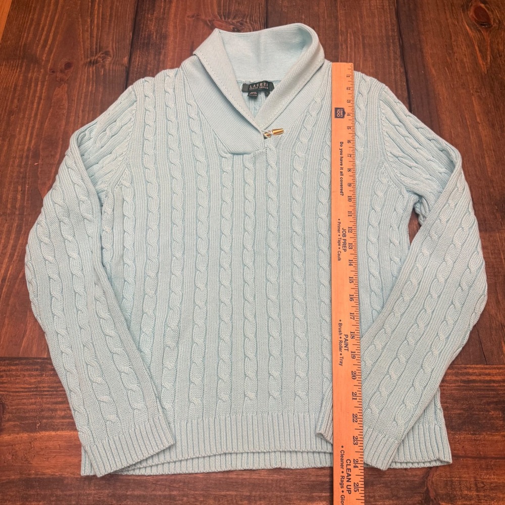 Lauren Ralph Lauren Blue Cable Knit Shawl Collar Toggle Sweater Womens Large - Picture 4 of 6